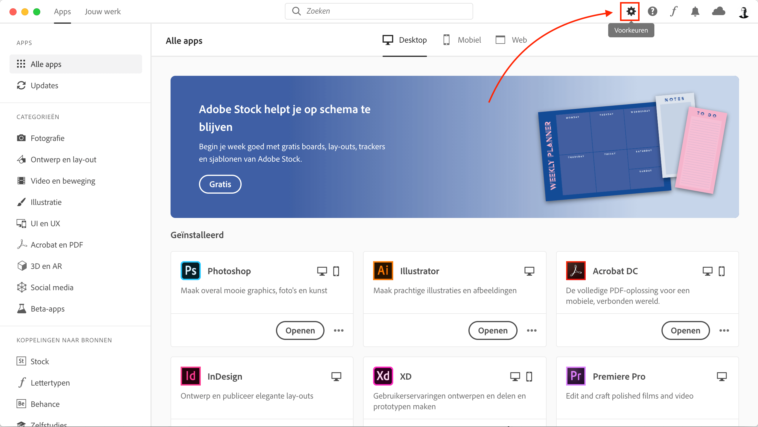 Open de Creative Cloud voorkeuren