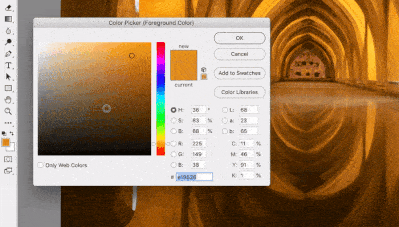 Klik de voorgrondkleur of een andere kleur aan. Als je dan met je pipet buiten de Color Picker gaat staan, dan kun je een kleur uit je foto kiezen.