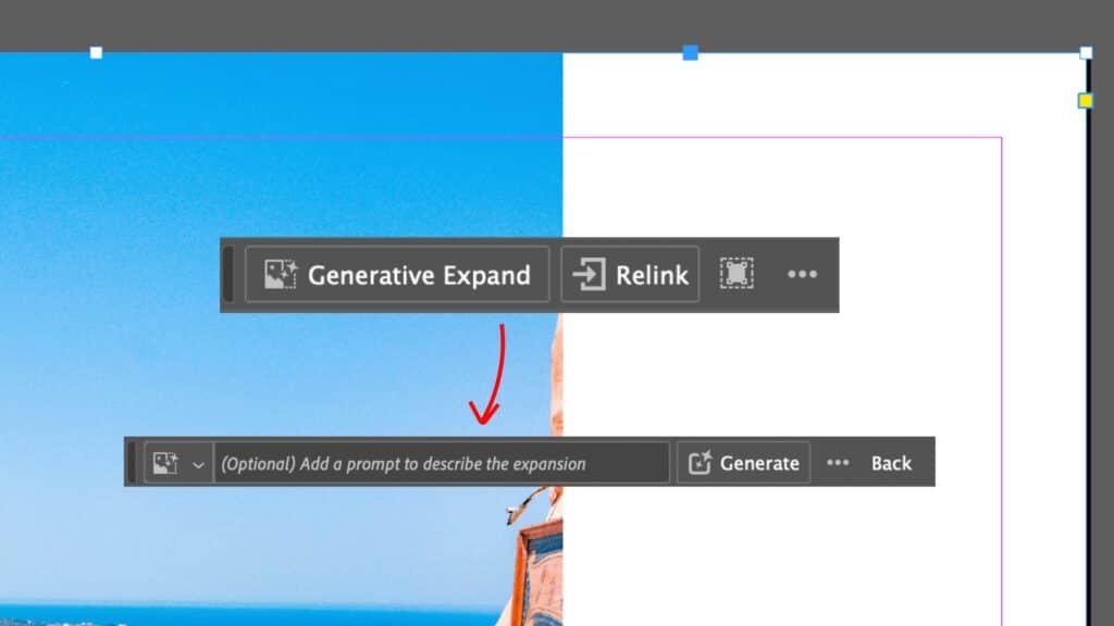 Maak je afbeelding groter met het gereedschap Selectie, klik Generatief Uitbreiden (Generative Expand) en klik vervolgens op Genereren (Generate).
