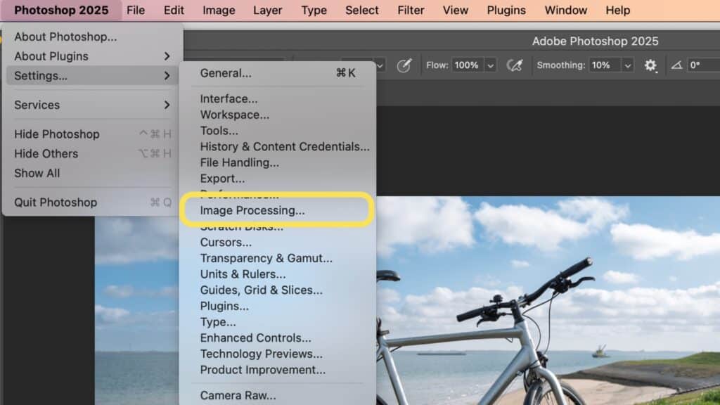 Ga naar de Photoshop voorkeuren om de selectiemethodes in te stellen bij Image Processing (Afbeelding Verwerken)