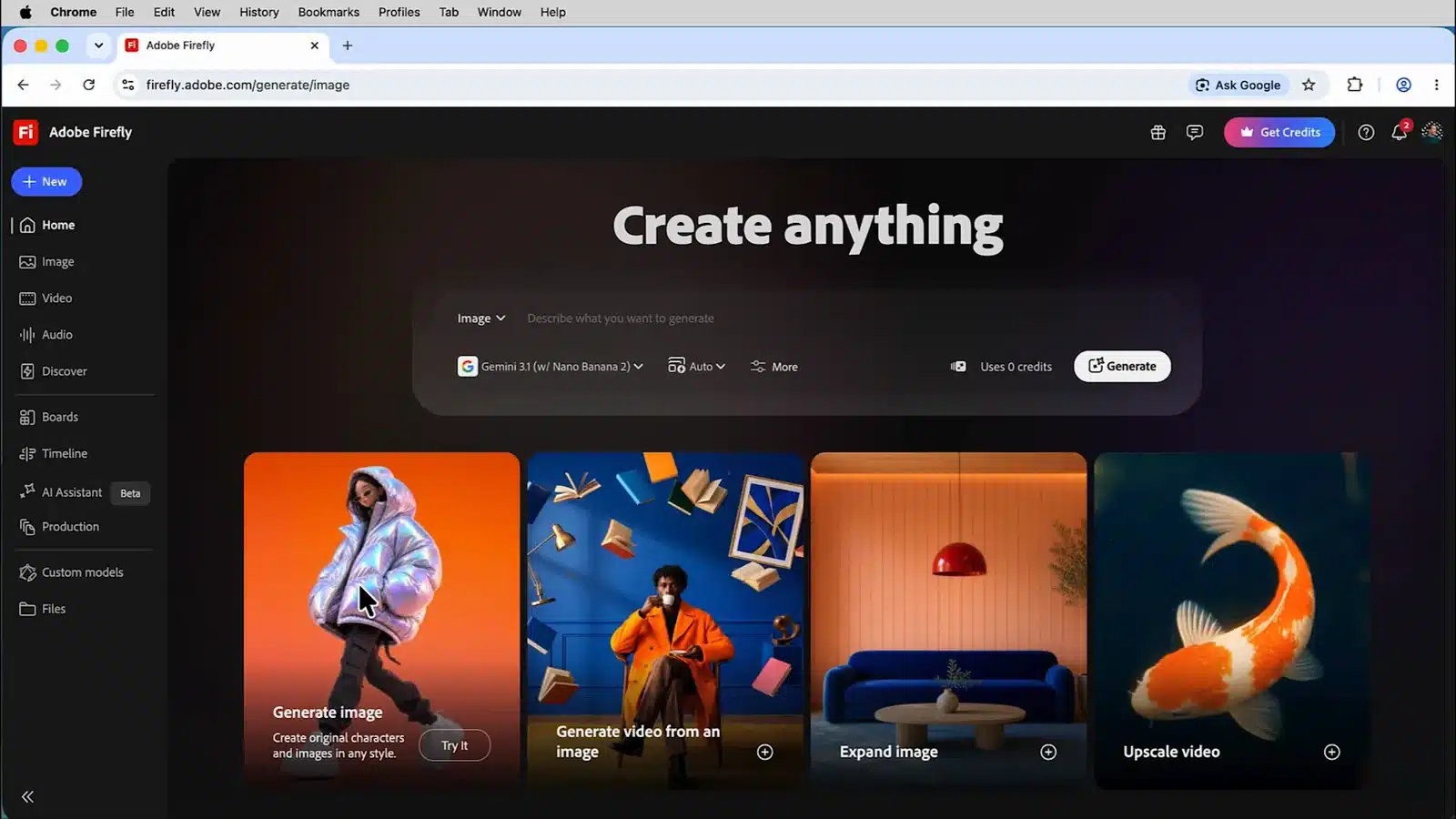 Startscherm van Adobe Firefly op firefly.adobe.com met de keuze Generate Image