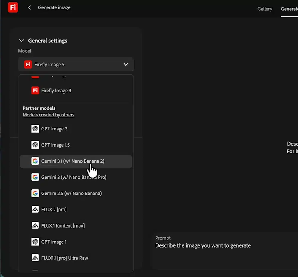 Keuzelijst met modellen in Adobe Firefly: Firefly Image-modellen en partnermodellen zoals Gemini en FLUX