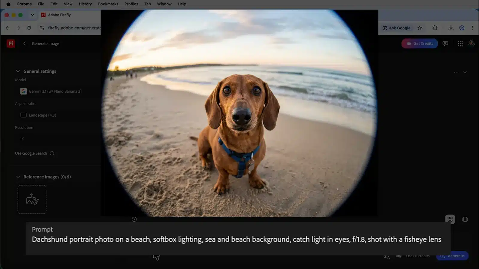 Zelfde prompt aangevuld met shot with a fisheye lens geeft een teckel door een visooglens