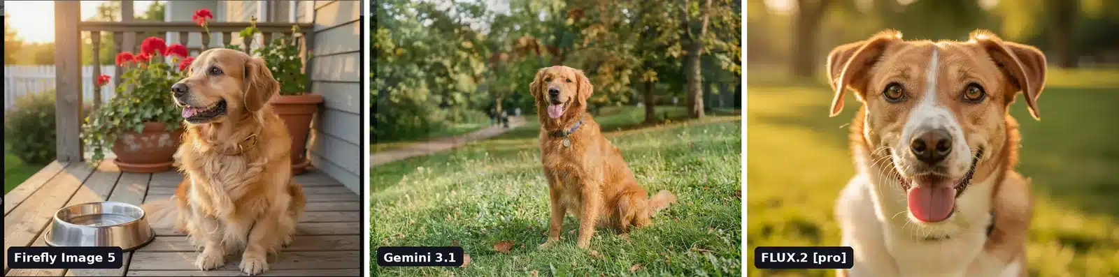 Drie AI-beelden van een hond met dezelfde korte prompt, gemaakt met Firefly Image 5, Gemini 3.1 en FLUX.2 pro