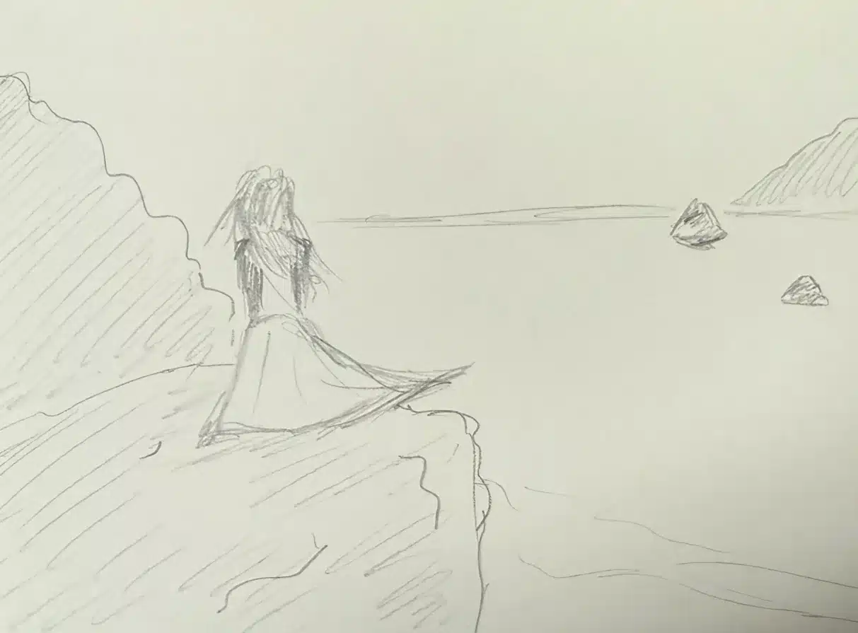 Potloodschets van een vrouw in een jurk op een klif boven de zee, als compositieplan voor een fotoshoot