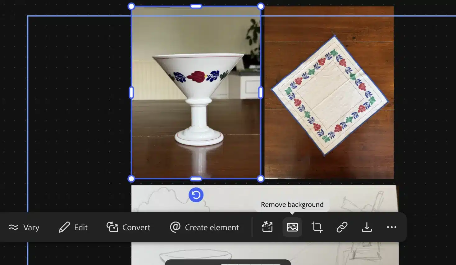 De knop Remove background in Firefly Boards bij de foto van de fruitschaal