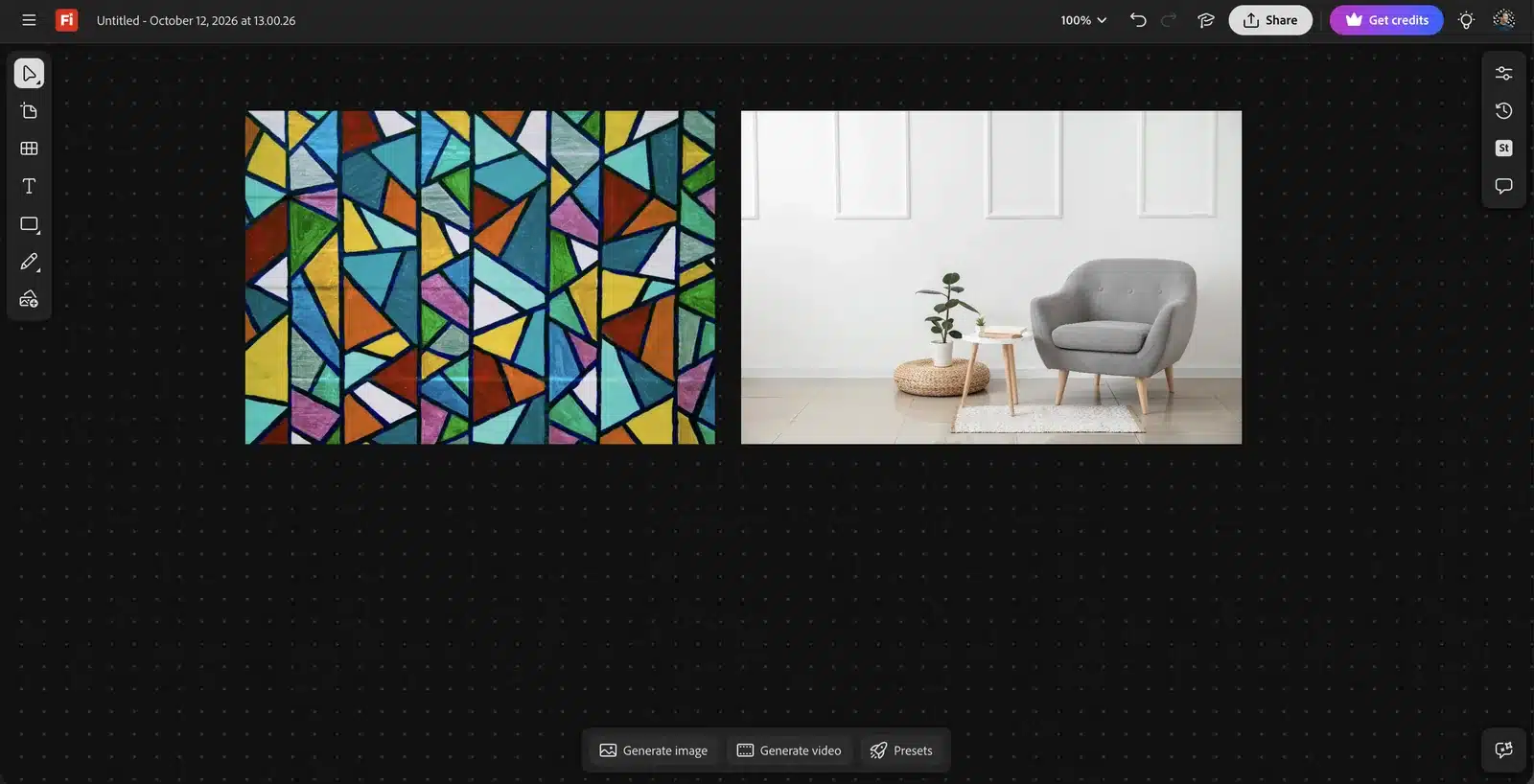Firefly Boards met een foto van een kleurrijk glas-in-loodpatroon en een foto van een grijze fauteuil