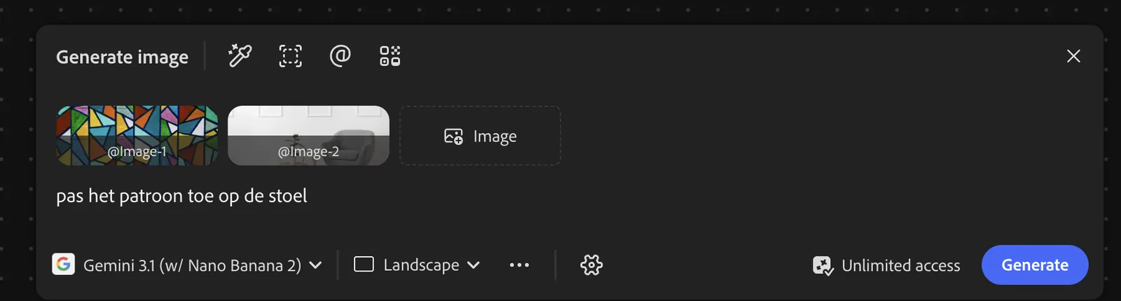 Patroon en stoel allebei als referentieafbeelding in het venster Generate image