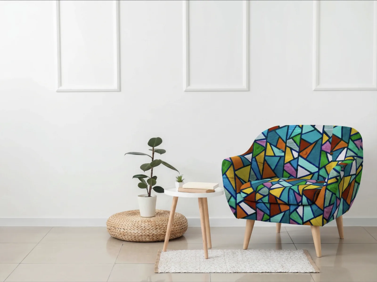 Resultaat in Firefly Boards: de fauteuil is bekleed met het glas-in-loodpatroon