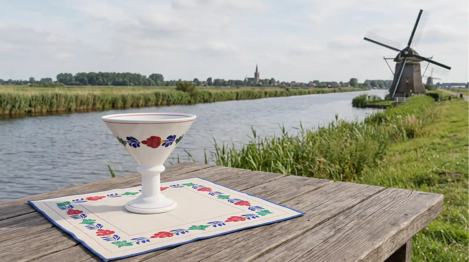 Productfoto gemaakt met AI: de fruitschaal op het tafelkleed op een houten tafel bij een kanaal met een windmolen