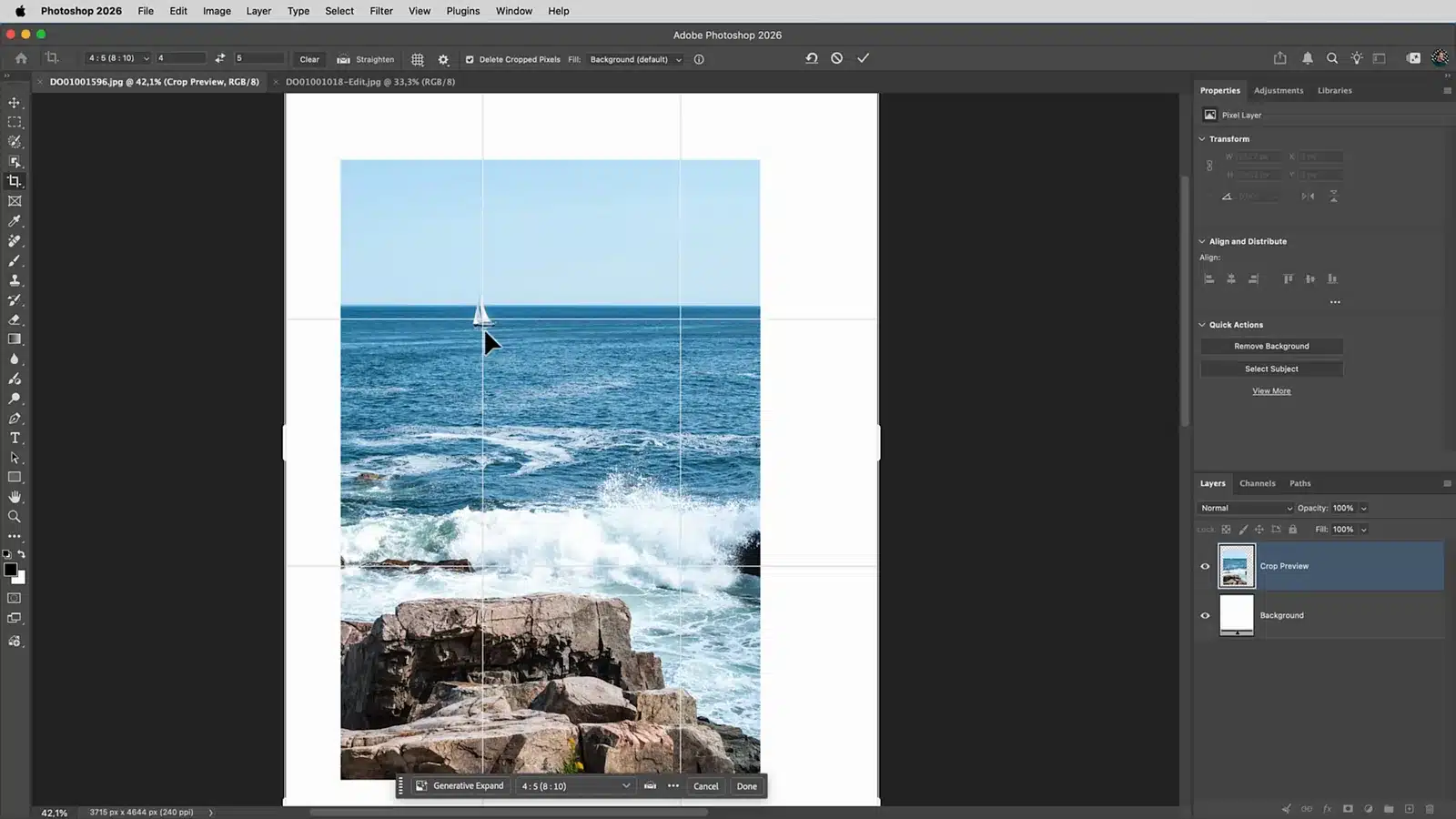 Uitsnijden in verhouding 4:5 met lege ruimte rond de foto, zeilboot linksboven in beeld