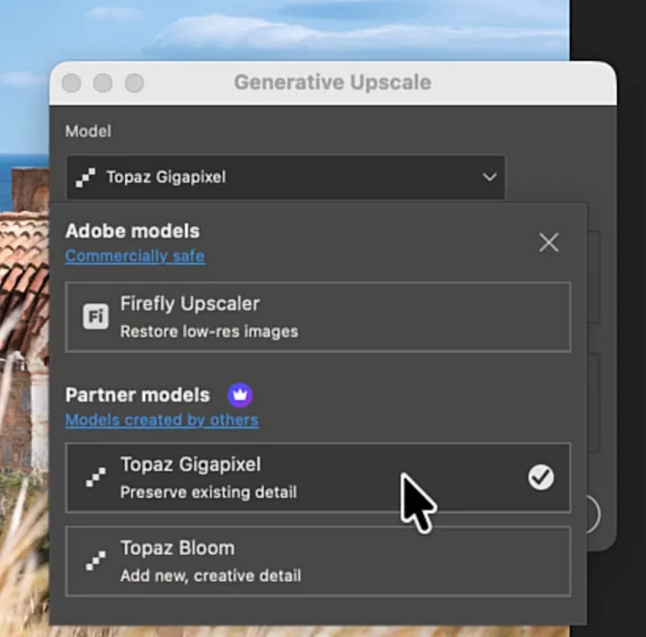 Venster Generative Upscale met de modellen Firefly Upscaler, Topaz Gigapixel en Topaz Bloom