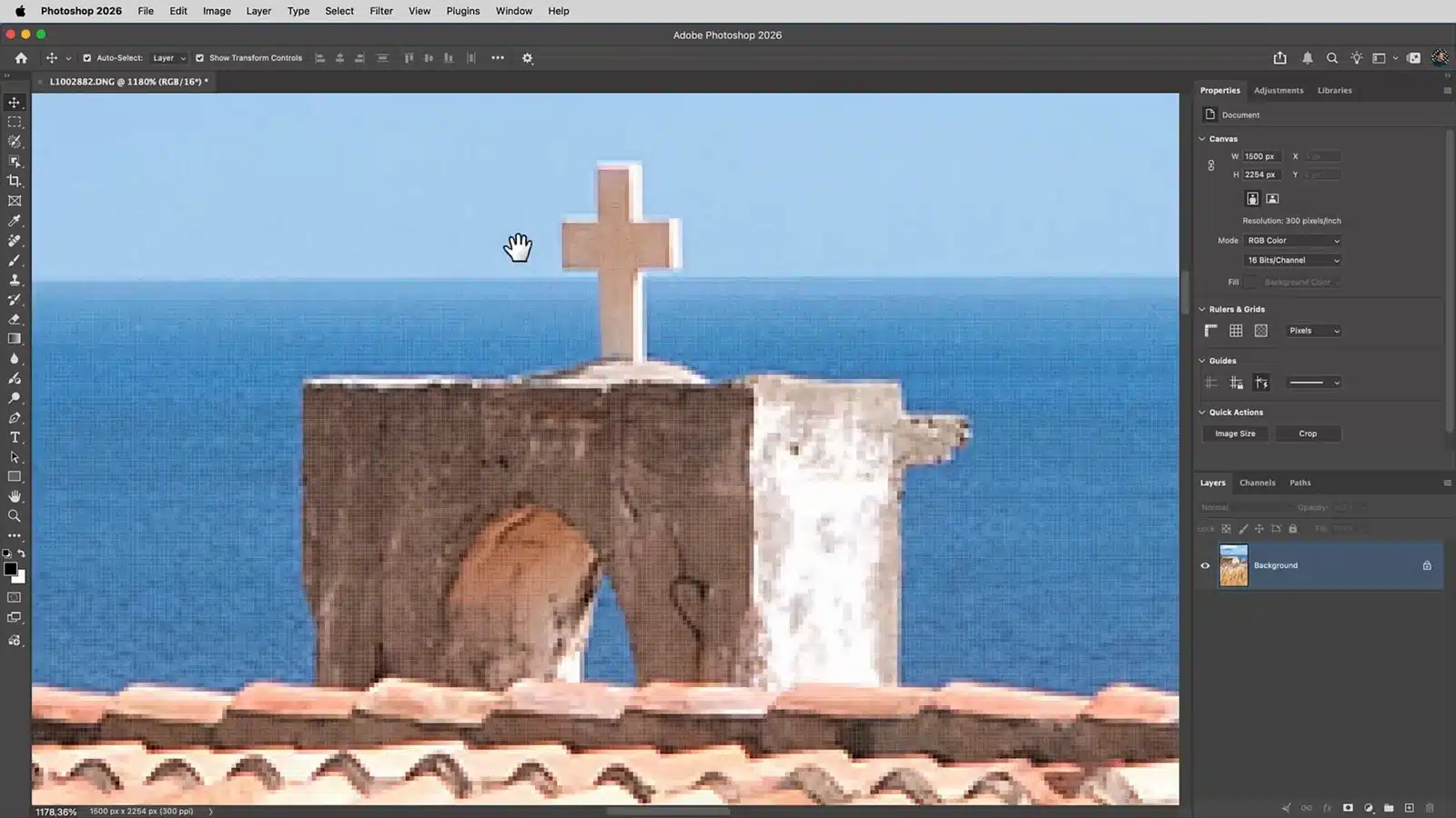 Ingezoomd in Photoshop: de bijgesneden foto heeft weinig detail en te weinig pixels om groot af te drukken