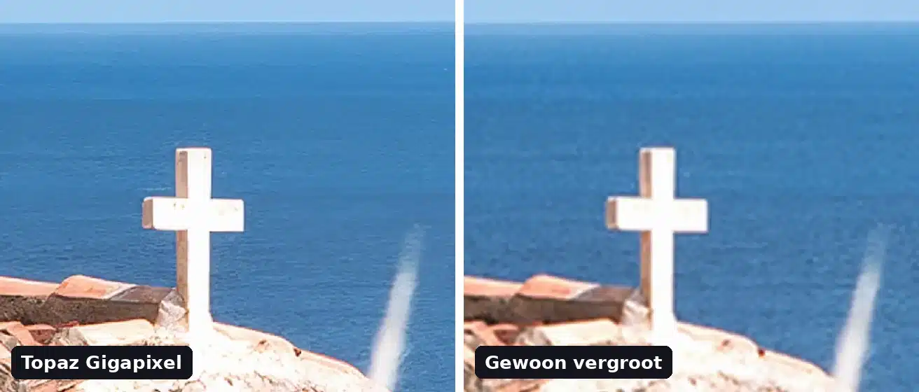 Vergelijking van het kruis: links scherp met Topaz Gigapixel, rechts zacht na gewoon vergroten