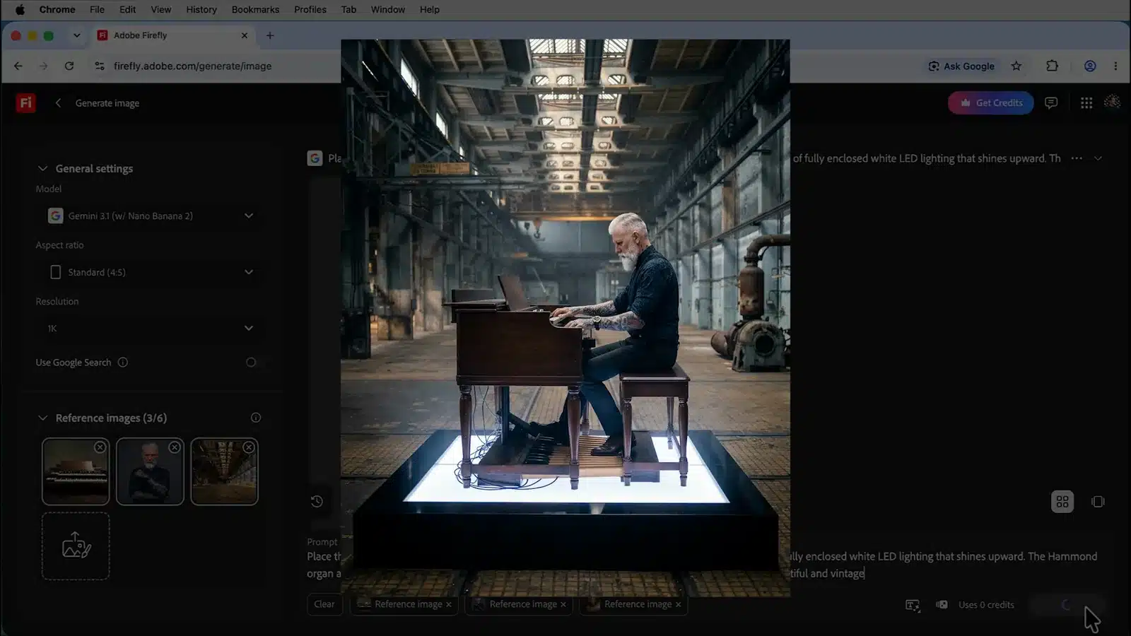 Basisbeeld uit Gemini 3.1: de muzikant achter het Hammondorgel op een verlicht podium in de fabriekshal