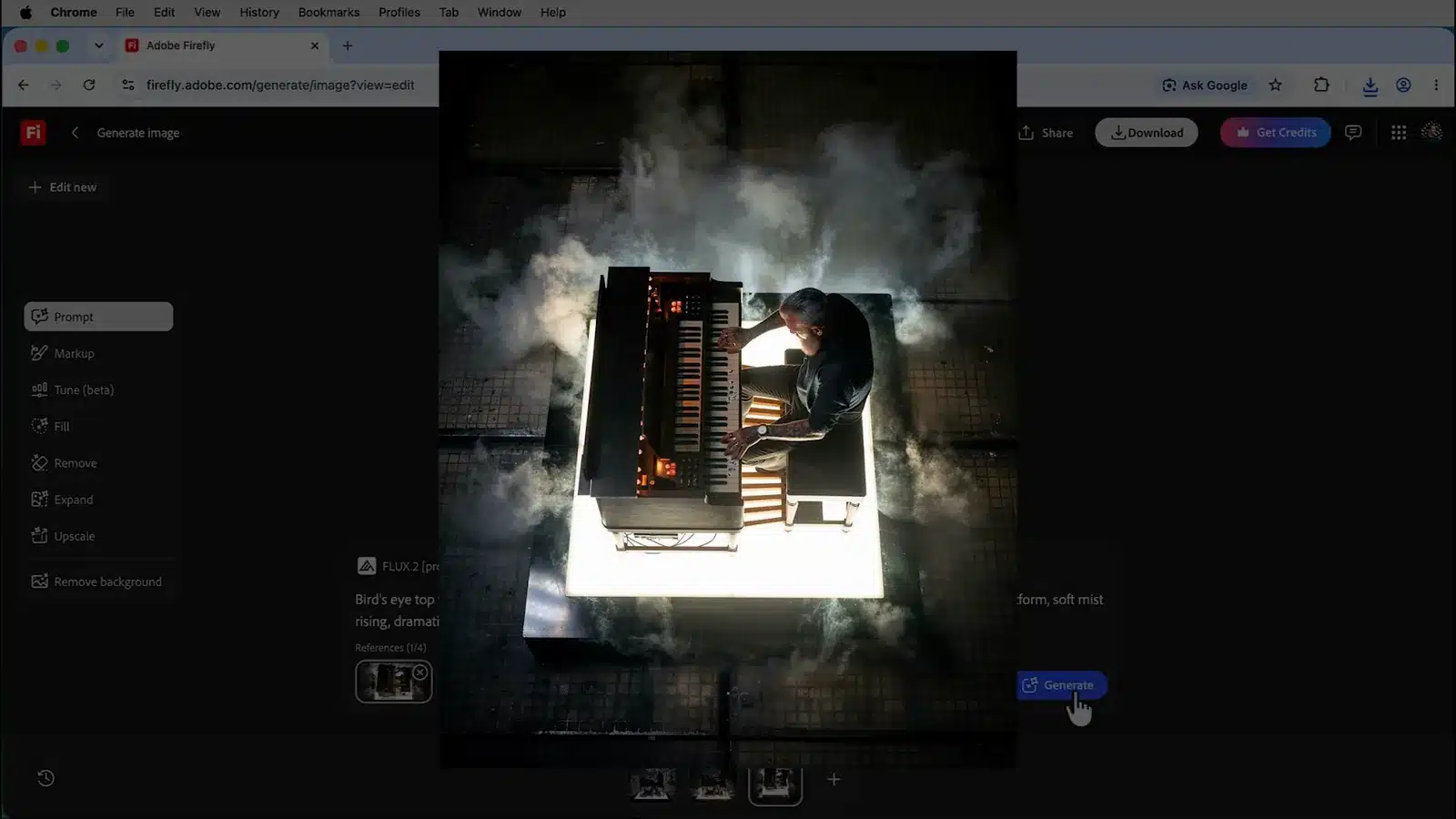 Bovenaanzicht van de muzikant achter het Hammondorgel op het verlichte podium, gemaakt met FLUX.2 pro