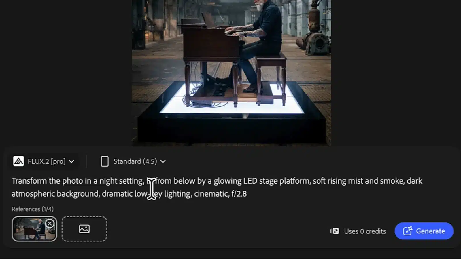 FLUX.2 pro in de bewerkingsweergave van Firefly met de prompt om de foto in een nachtsetting te zetten