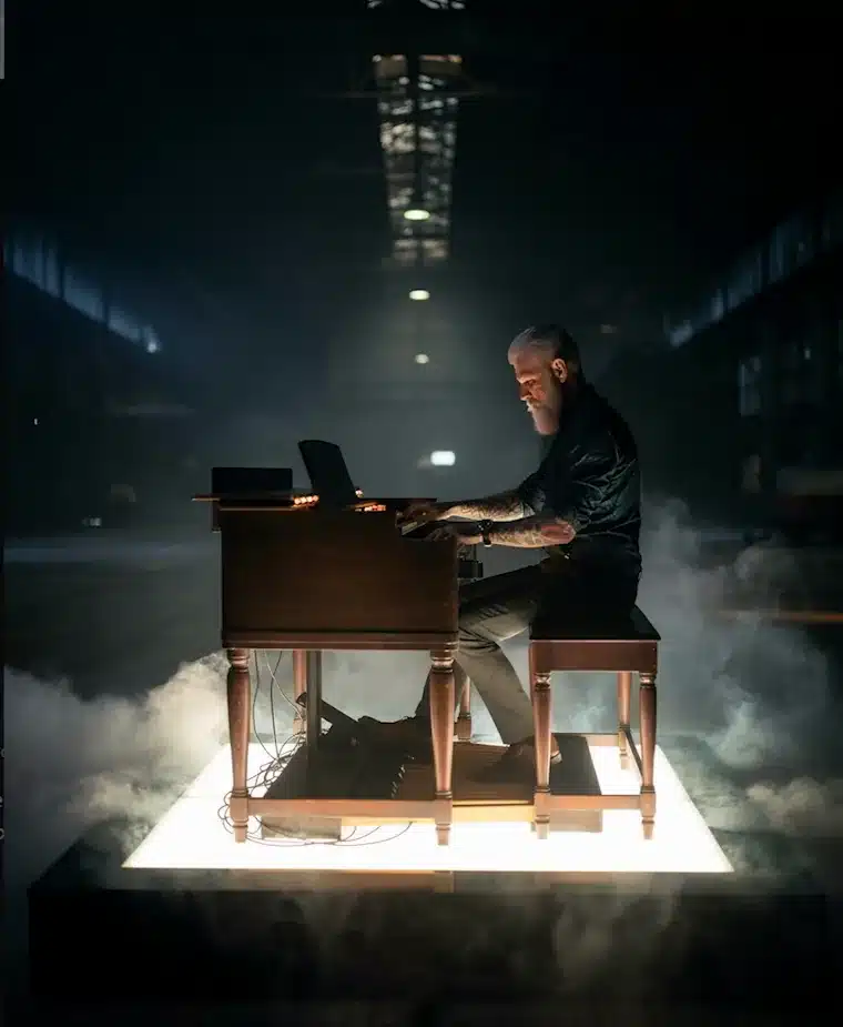 Nachtversie van de shoot: muzikant achter het orgel, van onderen verlicht met mist en rook