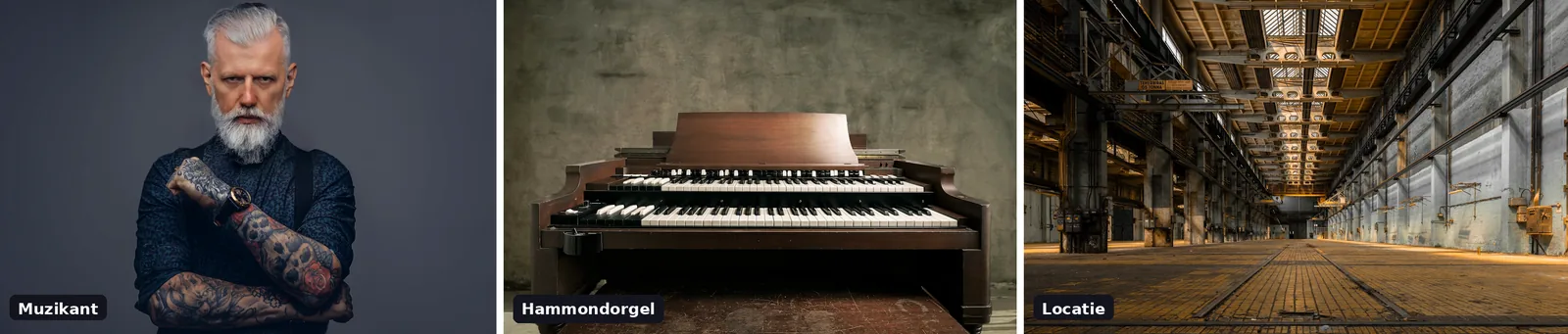 Drie referentiefoto’s voor een fotoshoot: een muzikant, een Hammondorgel en een oude fabriekshal