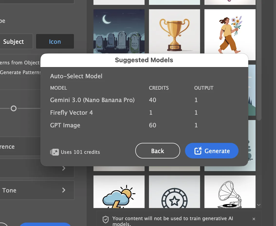 Venster Suggested Models in Illustrator met Gemini 3.0, Firefly Vector 4 en GPT Image en het aantal credits