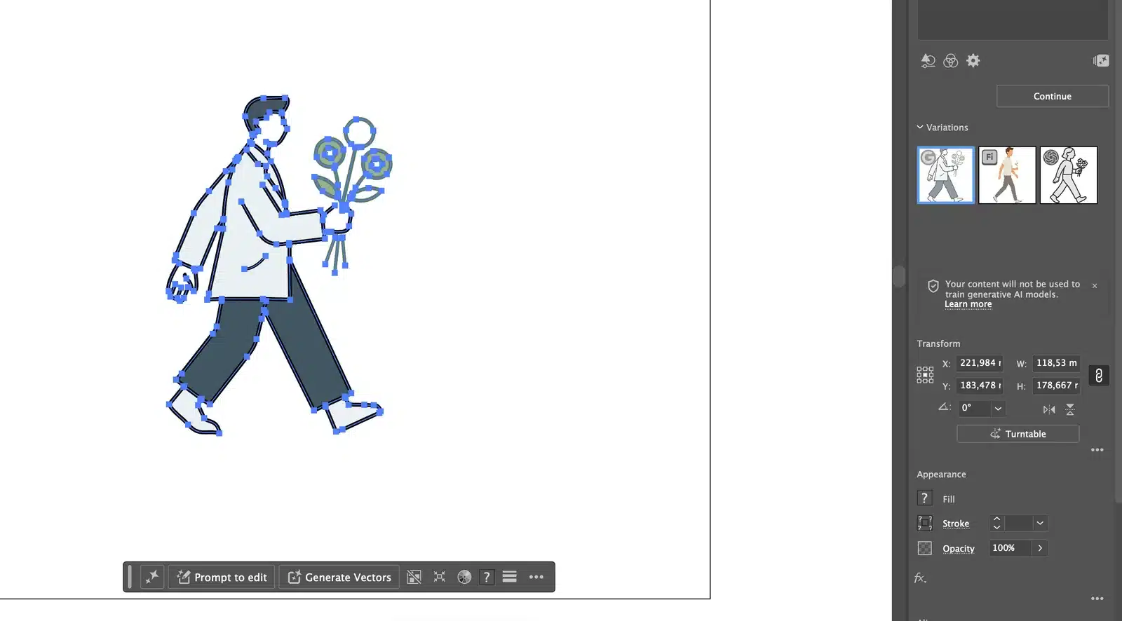 Gegenereerde vectorillustratie in Illustrator met drie variaties in het deelvenster Eigenschappen