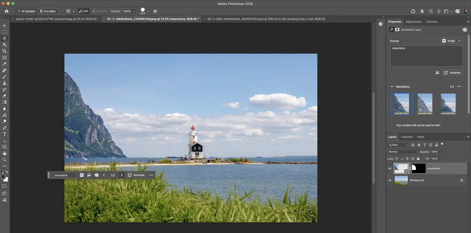 Photoshop met gegenereerde bergen naast de vuurtoren en drie variaties in het deelvenster Eigenschappen