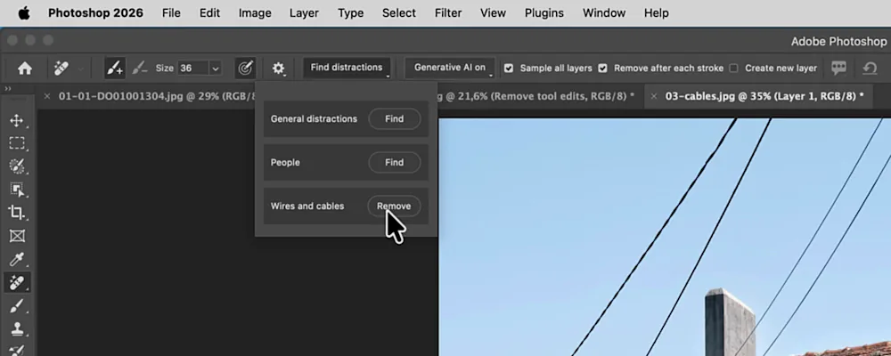 Find distractions met de knop Remove naast Wires and cables in de optiebalk van Photoshop