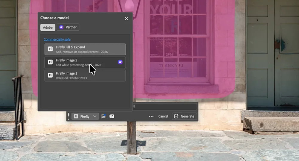 Generative Fill in de contextuele taakbalk met Firefly Image 5 gekozen als model