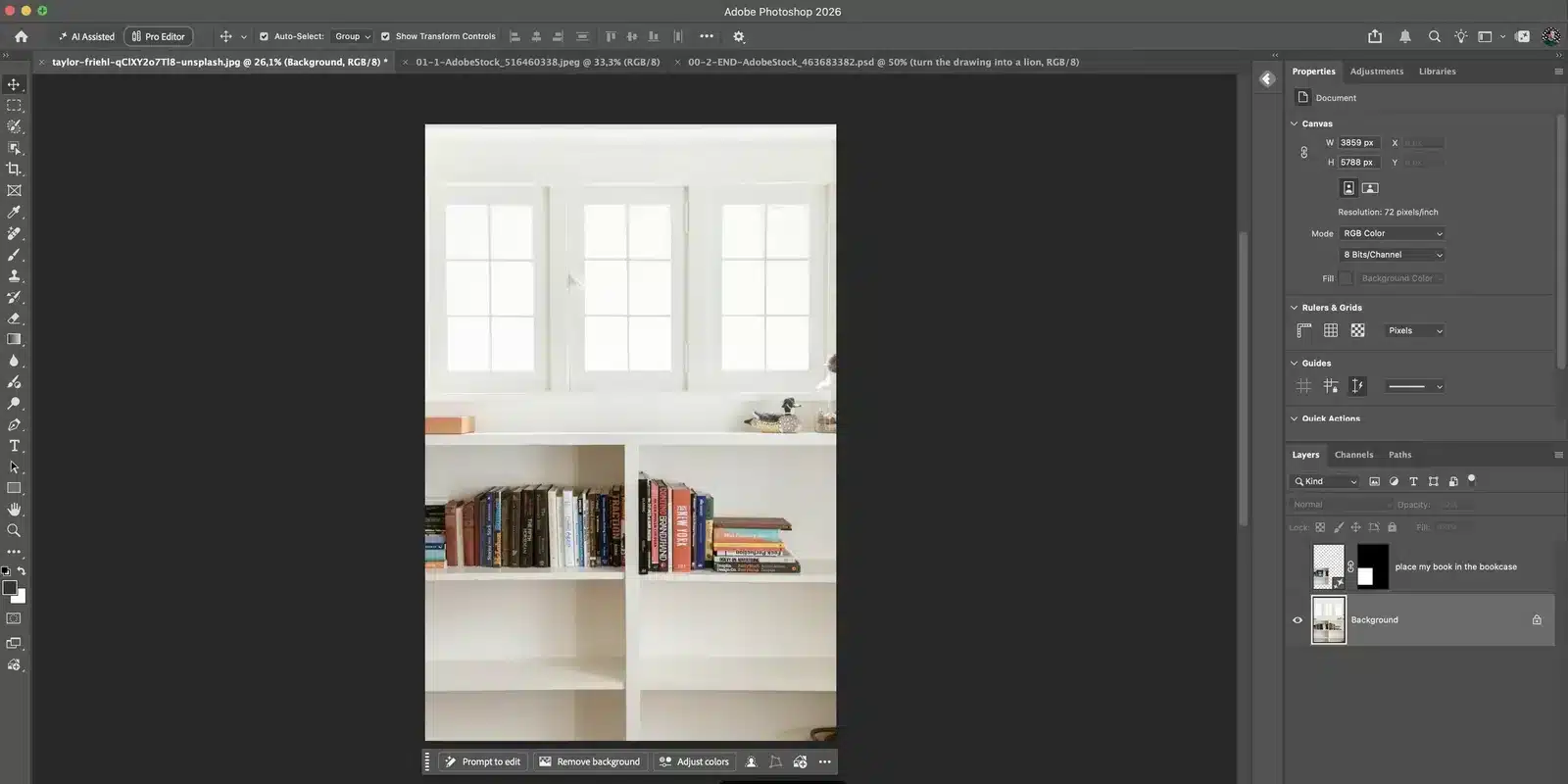 Foto van een witte boekenkast geopend in Photoshop 2026, het startpunt voor een mockup