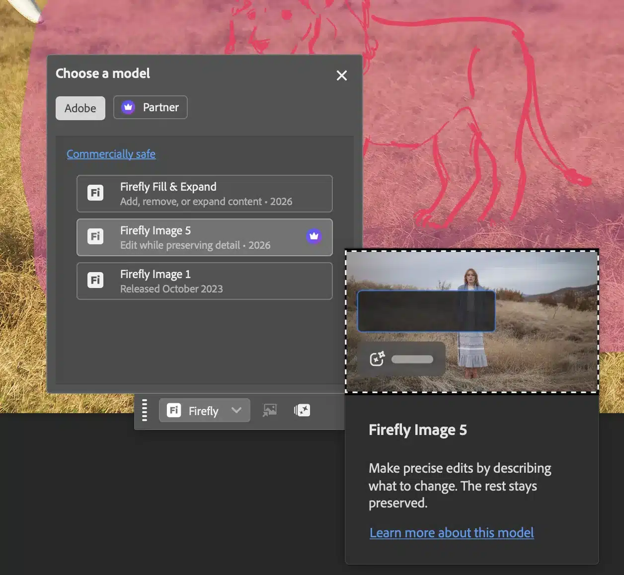 Firefly Image 5 in de modelkiezer van Photoshop met de uitleg Make precise edits by describing what to change