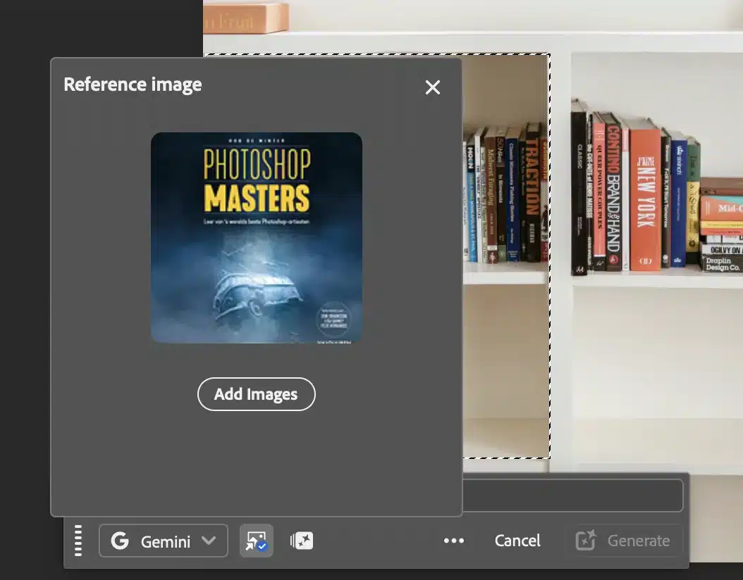 De boekcover van Photoshop Masters toegevoegd als referentieafbeelding voor Gemini