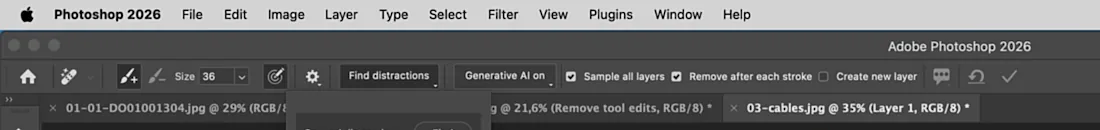 Optiebalk van de Remove Tool in Photoshop met Sample all layers aangevinkt