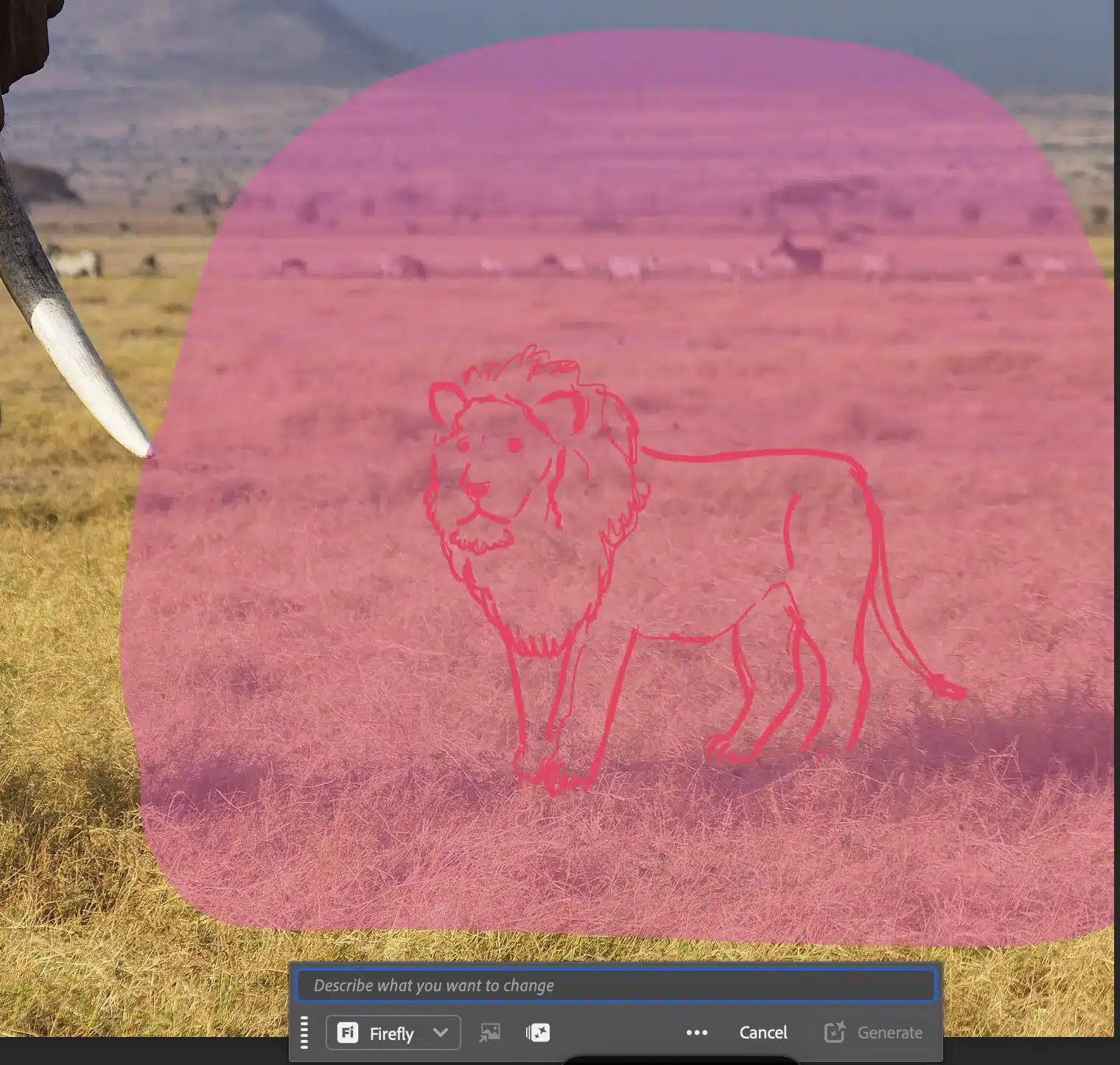 Ruime selectie rond de tekening van de leeuw in Photoshop