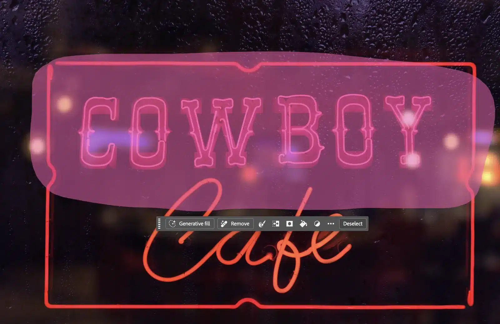 Selectie over het woord Cowboy op het neonbord in Photoshop