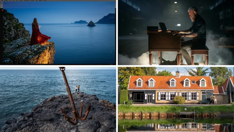 Vier voorbeelden van AI voor fotografen in Firefly en Photoshop: een schets als foto, een fotoshoot plannen, een foto uitbreiden en afleidingen verwijderen