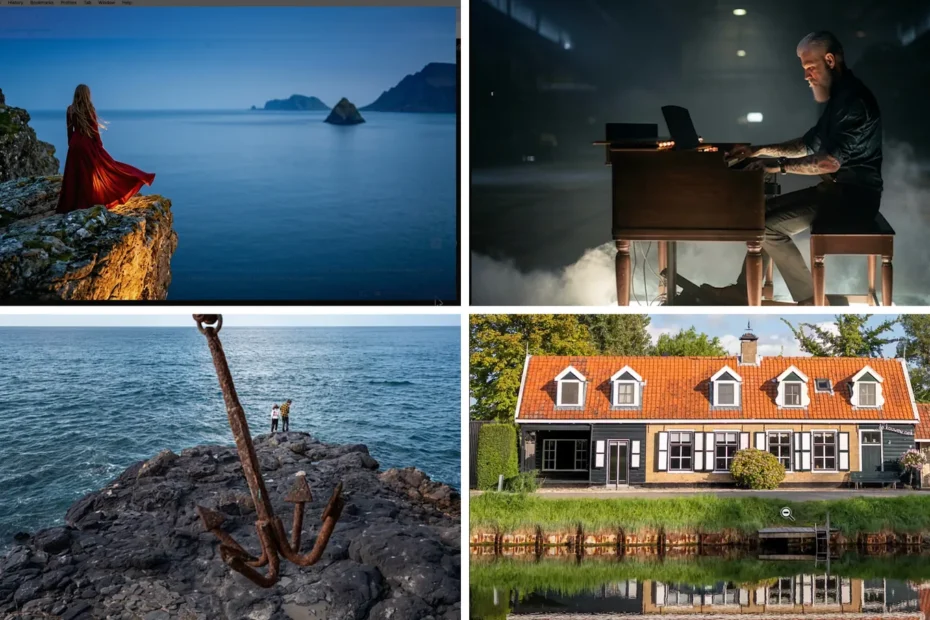 Vier voorbeelden van AI voor fotografen in Firefly en Photoshop: een schets als foto, een fotoshoot plannen, een foto uitbreiden en afleidingen verwijderen