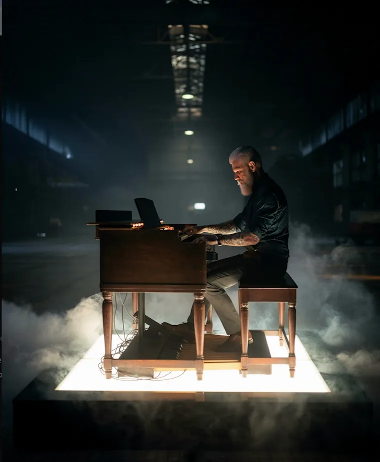 Muzikant achter een Hammondorgel op een verlicht podium met rook, als voorbereiding op een fotoshoot